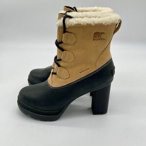 Sorel Dacie Lace High Heel Boots Black Leather Winter‎ Size 7.5 Waterproof